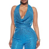Ärmelloser Neckholder-Jumpsuit mit Pailletten und Schnürung und Gürtel